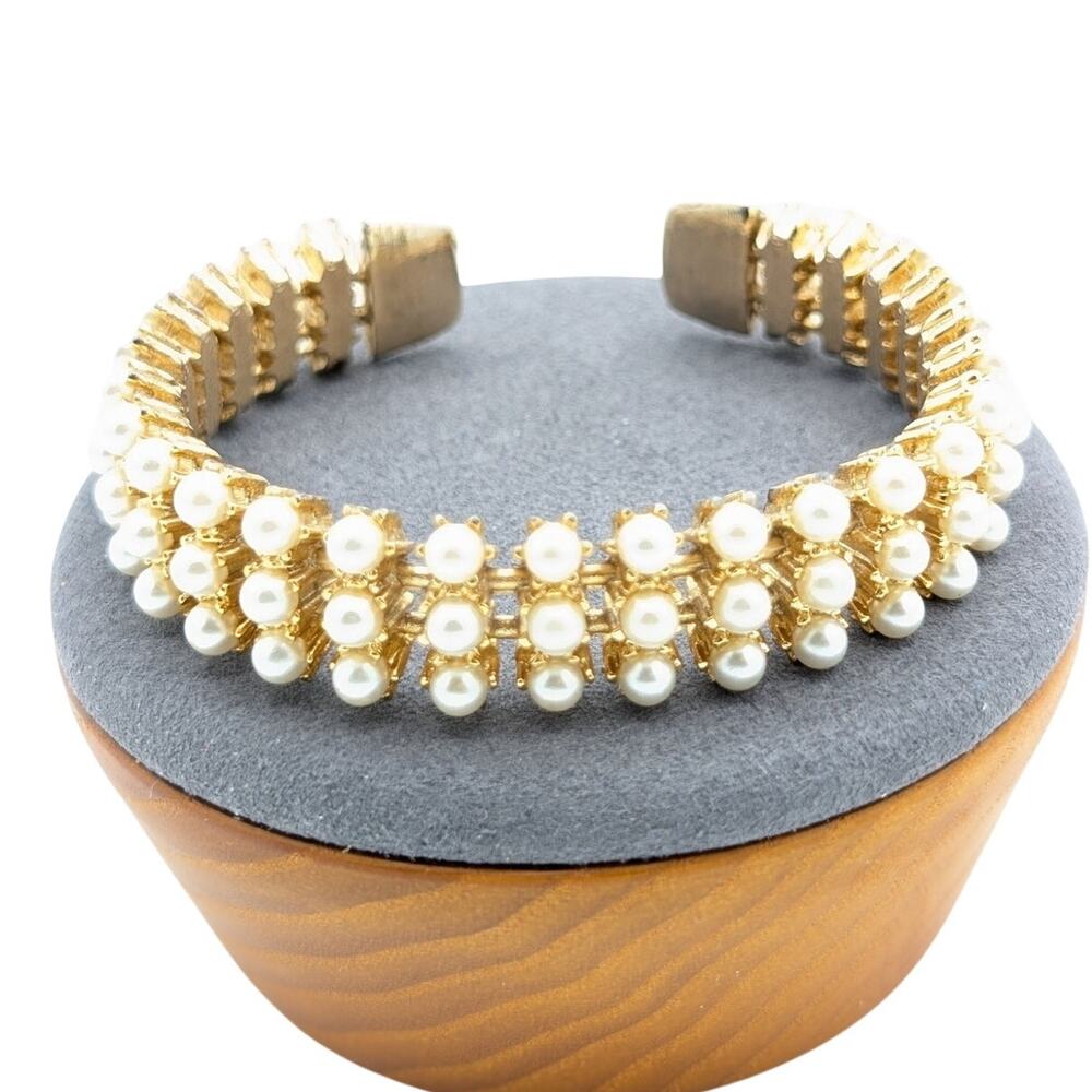 Vintage Gold Tone Three Row Faux Pearl Cuff Bracelet